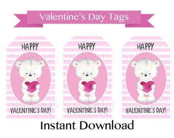 Printable Valentines Day Tags, Kids Tags for Valentine Gift, Instant Download Happy Valentine's Day Bear Gift Tags Favor Tags, Party Tags