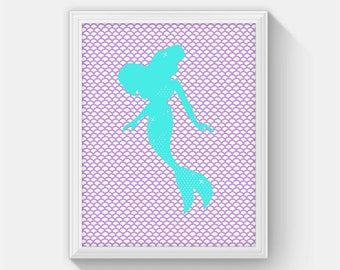 Printable Mermaid Art, Instant Download Purple Aqua Mermaid Print, Mermaid Decor Nursery Art, Girls Room Art