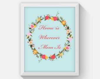 Home Is Wherever Mom Is Mother's Day Printable Gift, Mother's Day Decor, Floral Wreath Print, Instant Download