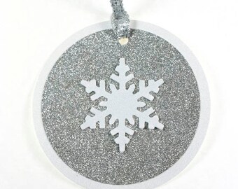 Silver Glitter Christmas Tags, White Snowflake, Shimmer, Holiday Gift Tag, Winter Wedding Favor Tags, GIft Wrap, Glitter Holiday