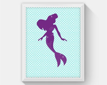 Mermaid Art Print, Digital Printable Mermaid Decor, Purple Aqua Mermaid Print, Mermaid Nursery Art, Girl Bedroom Wall Art, Instant Download