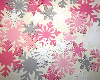 Winter Wonderland First Birthday Girl Party Snowflake Confetti Decorations, Pink White and Gray Paper Snowflake Cut Outs (100 CT)