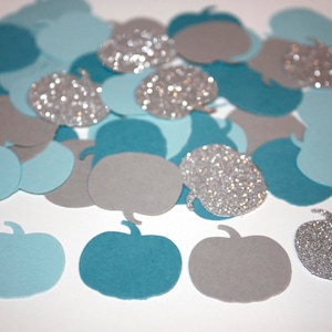 100 Blue and Silver Glitter Pumpkin Confetti, Little Pumpkin Baby Shower Birthday Party Decorations