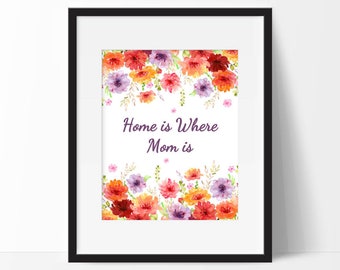 Home Is Where Mom Is Printable Mother's Day Gift, Mother's Day Wall Art, Floral Art Print, Instant Download, Last Minute Gift