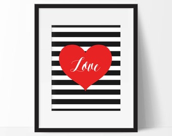 LOVE Black White Stripe Print, Red Heart Love Printable Wall Art, Valentine Gift, Black White Red Instant Download Valentine Decor