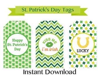 Printable St. Patrick's Day Gift Tags, Instant Download, DIY St Patricks Day Favor Tags, Kiss Me I'm Irish, Party Printables