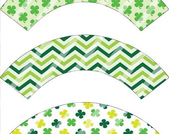 Printable St Patrick's Day Cupcake Wrappers, Instant Download, Shamrock Chevron Design