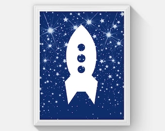 Rocket Ship Print, Instant Download Rocket Ship Decor, Space Theme Nursery, Outer Space Wall Art for Boys Room, Boy Room Decorations, Galaxy