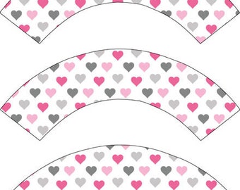 Printable Cupcake Wrappers, Pink and Grey Heart Cupcake Wrappers, Valentine Day Cupcake Wrappers Instant Download Cupcake Liner