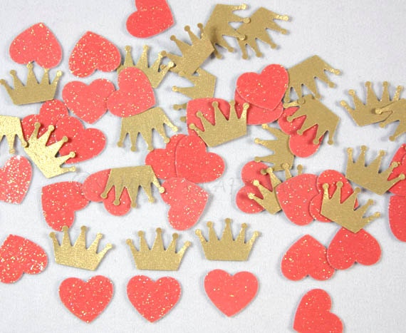 200 Gold Crown Pink Glitter Heart Confetti Princess Party First Birthday Royal Crown Confetti Pink and Gold Baby Shower