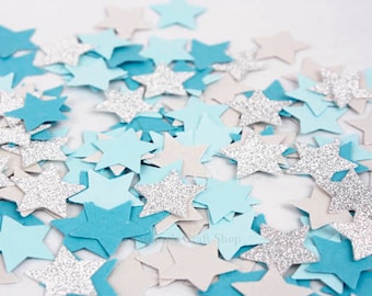 200 Twinkle Twinkle Little Star Party Confetti, Small Blue and Silver Glitter Stars Confetti, Party Decorations, Baby Shower, Party Supply