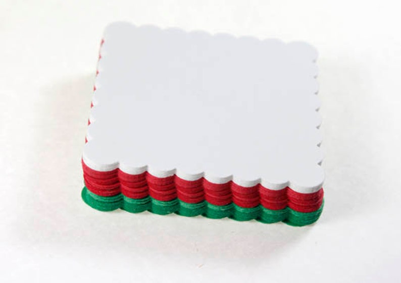 30 Scalloped Squares, Red, Green & White, Christmas Colors, Die Cut Paper Squares, Die Cut Scallop, DIY Tag, Gift Tag, Christmas Paper image 2