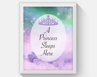 A Princess Sleeps Here Art Print Instant Download, Printable Princess Nursery Decor, Gril Room Wall Art Fairytale Print, Princess Quote