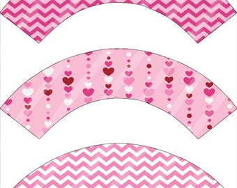 Valentine Cupcake Wrappers, Printable Valentines Day Decor, Instant Download, Pink Valentine Heart, Chevron Cupcake Wrapper, Printable DIY