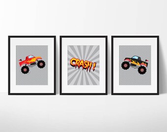 Monster Truck Printables, Truck Print Set Instant Download, Monster Truck Decor, Truck Nursery Ideas, Boy Room Decorations, Playroom Prints