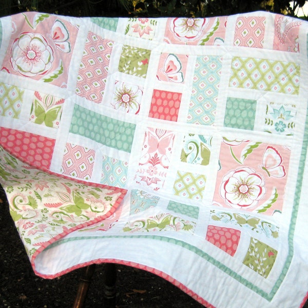 BELLA BUTTERFLY modern baby quilt 40 x 40  pink aqua green made to order