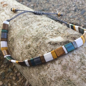 Flat Tila Bead Bracelet white, sunflower yellow,gray,metallic turquoise, bronze 016