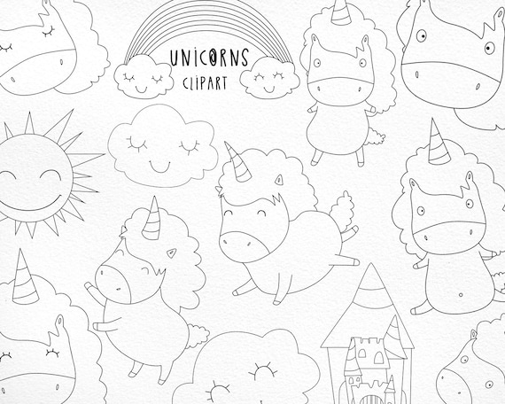 Einhorn Svg Clipart Set Von 14 Schwarz Und Weiss Einhorner Etsy