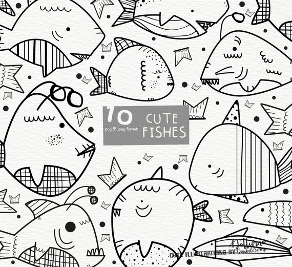 Fish Clipart Black and White. Cute Fishes Png Clip Art. Set of 10 Fishes  Printable for Scrapbooking and Card Making. -  Canada