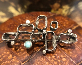 Antique Sterling Silver Abstract Turquoise Block Pin