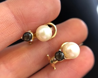 14k Yellow Gold Pearl + Black Star Sapphire Earrings