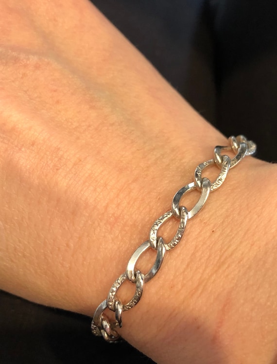 Antique Sterling Silver Hand-Engraved Charm Bracelet
