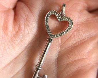 Sterling Silver Heart Key Pendant with Diamond Accents