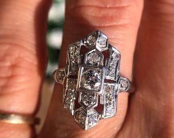 platinum and diamond vintage shield ring