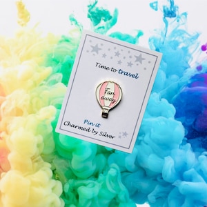 Pink White Hot Air Balloon Enamel Pin Badge - Time to travel