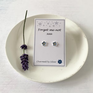 Sterling Silver Enamel Flower Stud Earrings forget me not - blue enamel & silver