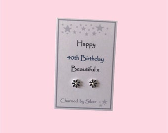 Sterling Silver Enamel Flower Stud Earrings Happy 18th 21st 30th 40th 50th 60th Birthday - white, mint, black and pink flowers