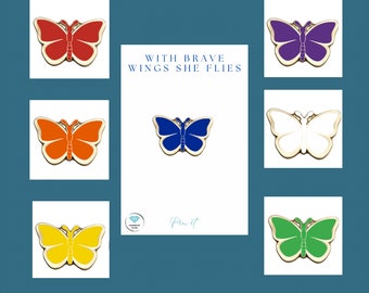 Beautiful Butterfly Enamel Pin Badge in red, blue, green, yellow, orange, white and purple - With brave wings she flies
