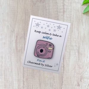 Pink Camera Enamel Pin Badge - keep calm & take a selfie