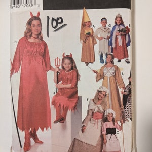 May include: A Simplicity Costumes sewing pattern for children's Halloween costumes. The pattern includes a devil, a pilgrim, a witch, a princess, an angel, and an Indian. The pattern number is 9718.