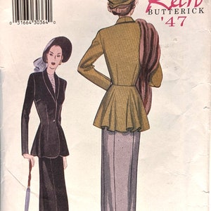 May include: Vintage sewing pattern for a two-piece suit. The pattern is from Butterick, Retro '47, and is size 6-8-10. The pattern shows two women wearing the suit, one in a black suit with a hat and the other in a green suit with a hat.