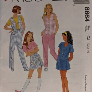 Uncut Easy McCall&#39;s Pattern #8864 - Girls Lined Vest, Lined Top, Pull-On Pants & Skort  - Sizes 10, 12, 14- 1997