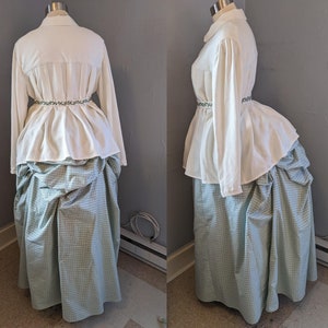 1880s Linen/Cotton Blouse & Green Plaid Skirt, with Embroidered Belt