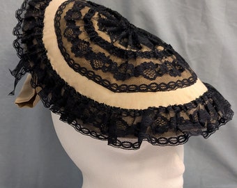 Gold Champagne Silk Taffeta and Black Lace Victorian Bustle Hat