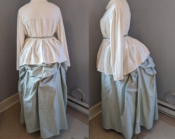 1880s Linen/Cotton Blouse & Green Plaid Skirt, with Embroidered Belt