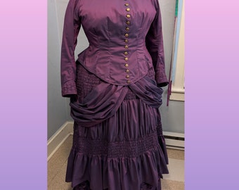 1882 Victorian Day Dress - Eggplant Ruched & Pleated "Shot Silk Taffeta" Cotton Blend