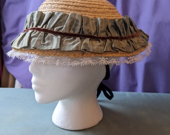 Celery Green Striped Silk (repurposed) Straw Victorian Hat