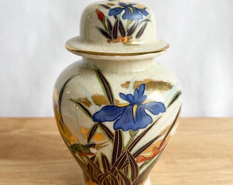 Vintage Japanese Satsuma Ginger Jar – Blue Iris, Gold Gilt, Crackle Glaze