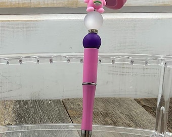 Pink Care Bear Beaded Pen on Reel Lanyard