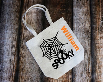 Trick or Treat Bag, Personalized Halloween Bag, Candy, Halloween, Trick or Treat, Spooky, Spider, Candy Bag, Candy Tote, Canvas Bag