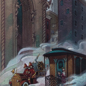 May include: A red and gold vintage fire engine with two firefighters driving, a white dog, and a teal and gold tram with people inside, all driving down a street with a large stone building in the background.