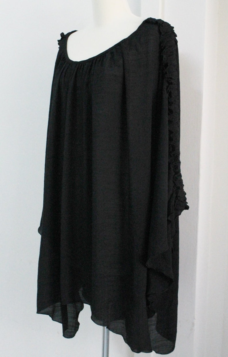 Free Shipping Plus Size 2X 3X 4X 5X Black Sheer Lightweight Cotton Top Poncho Tunic Summer Caftan Blouse Scoop Neckline Batwing Asym Hem