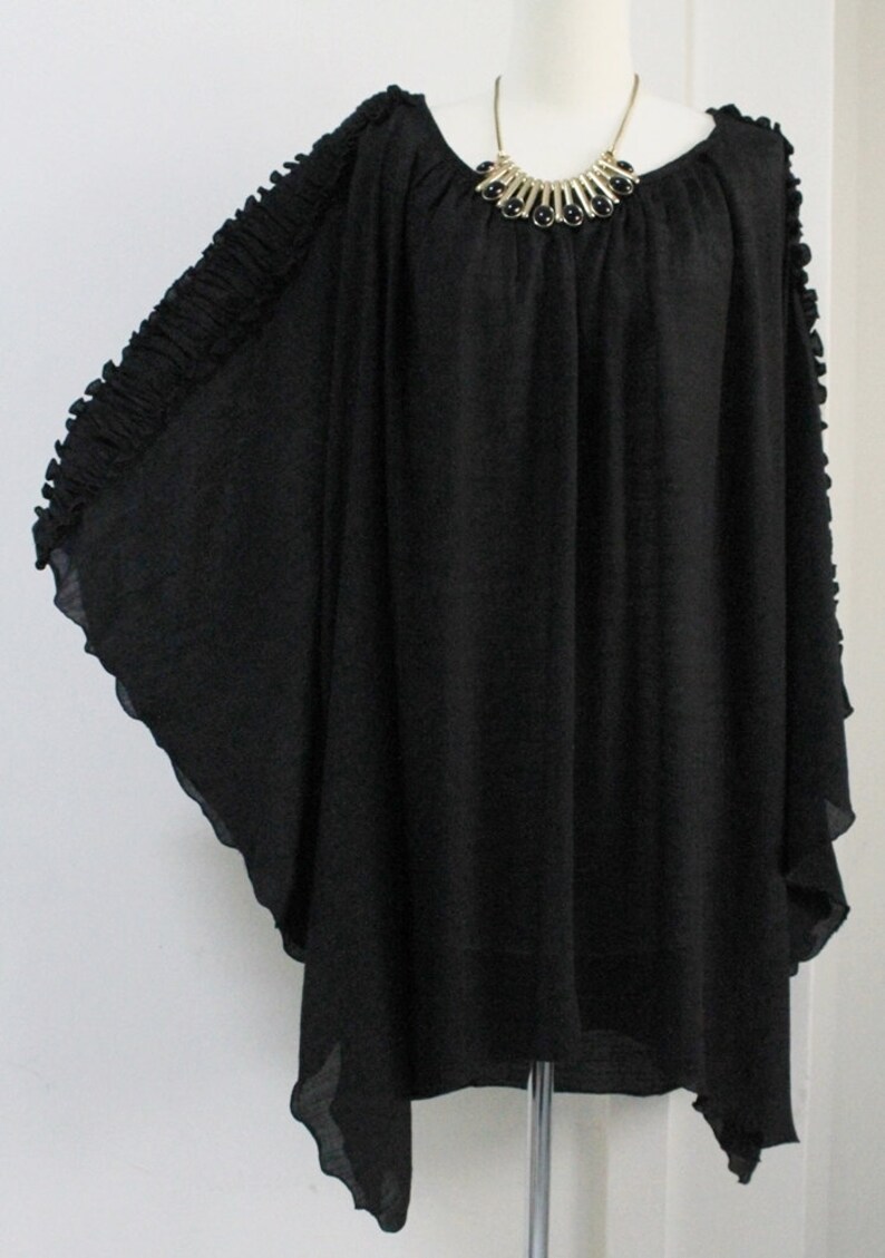 Free Shipping Plus Size 2X 3X 4X 5X Black Sheer Lightweight Cotton Top Poncho Tunic Summer Caftan Blouse Scoop Neckline Batwing Asym Hem