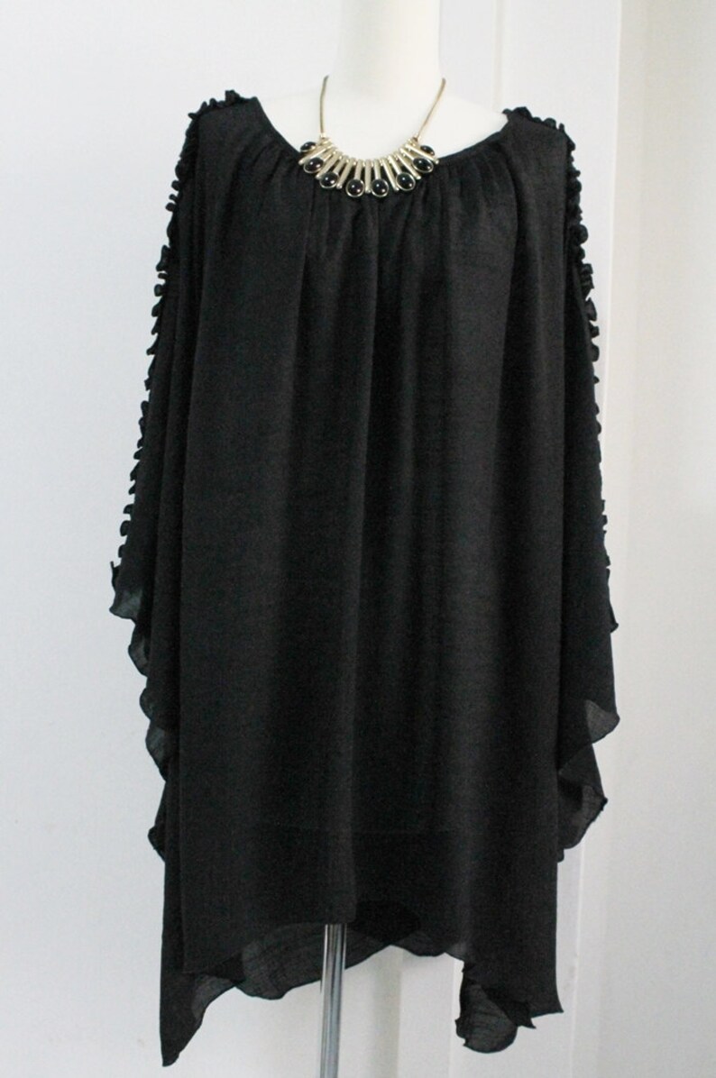 Free Shipping Plus Size 2X 3X 4X 5X Black Sheer Lightweight Cotton Top Poncho Tunic Summer Caftan Blouse Scoop Neckline Batwing Asym Hem