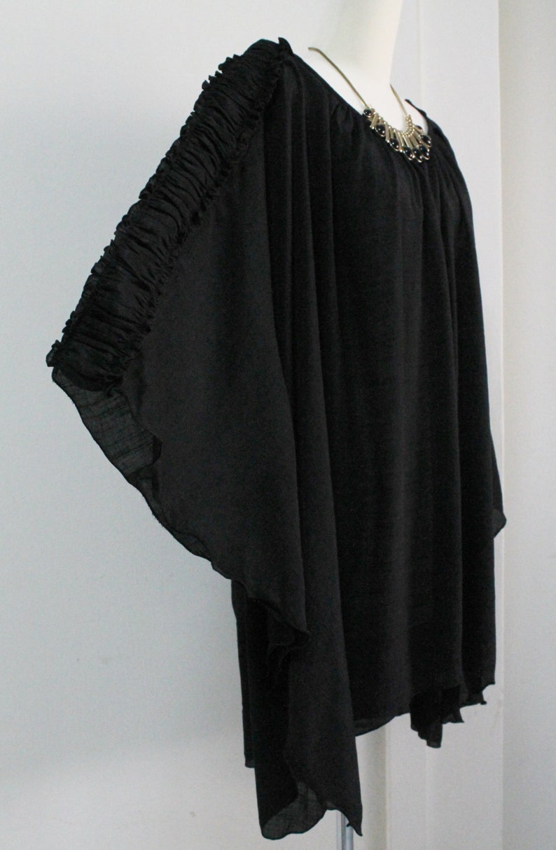 Free Shipping Plus Size 2X 3X 4X 5X Black Sheer Lightweight Cotton Top Poncho Tunic Summer Caftan Blouse Scoop Neckline Batwing Asym Hem
