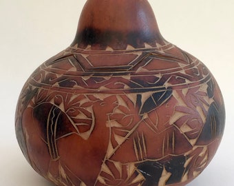 Peruvian Decor, Gourd Container with Lid, Carved and Stained Hollowed Dried Gourd, Scene of Alpacas and Men